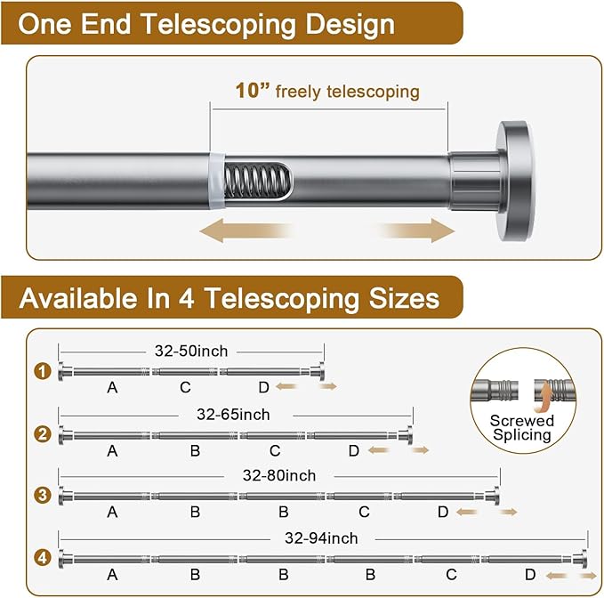 Ausemku Shower Curtain Rod 32-50 Inch Adjustable - 1 Inch Diameter Heavy Duty No drill Spring Tension Shower Rod, Non-Slip Rustproof Telescopic Rod for Bathroom, Nickel