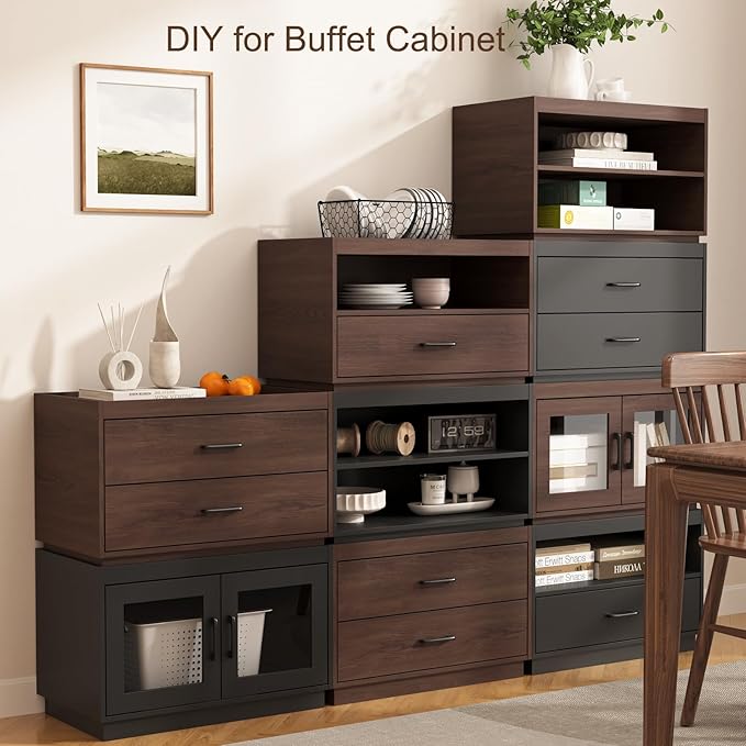 Stackable Storage Drawers,28" Wide Storage Bins w/Drawers and Compartment, Wood Stackable Organizer Modern Large Stackable Storages Units for Living Room Hallway (Black)