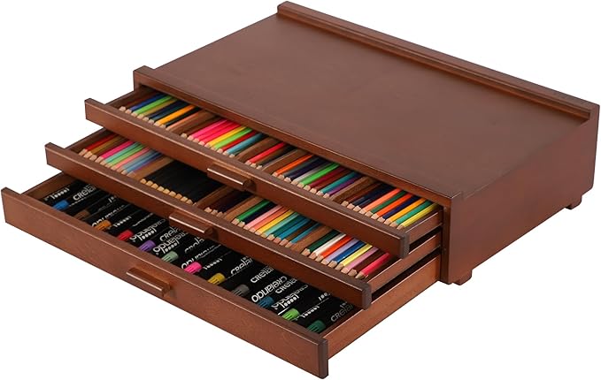 VISWIN Upgraded 3-Drawer Wood Artist Supply Storage Box with Removable Dividers, Premium Beech Wood Art Storage Box, Portable Organizer Box for Paints, Pastels, Pencils, Brushes and Art Supplies