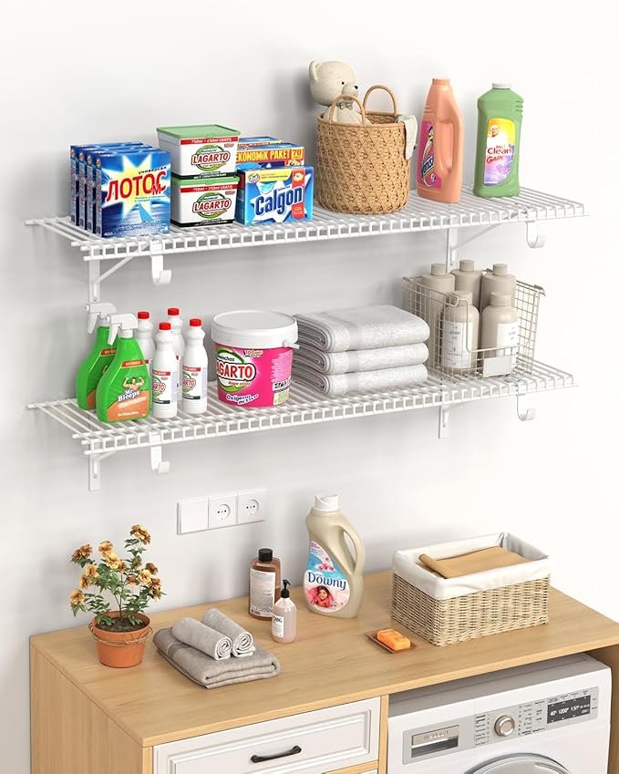 Supforce 2 Pack Closet Shelves with Triangular Brackets and Hanging Rod, 4FT X 12IN Wall Mounted Wire Shelving Orgnizer for Closet,Laundry Room,Pantry,Load Up to 150lb, White