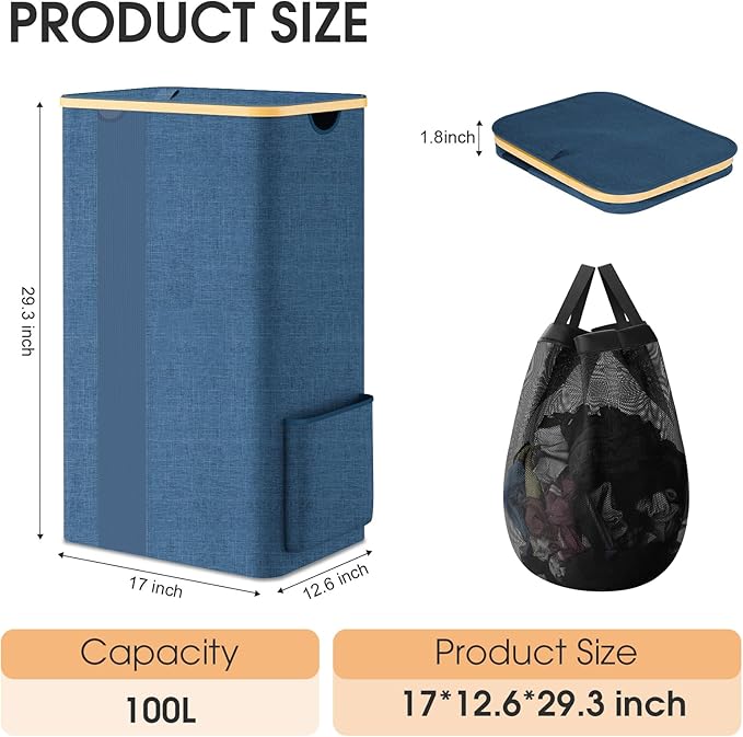SpaceTrove Laundry Basket Clothes Hamper with Lid and Pocket Large Collapsible Laundry Baskets with Handle, Freestanding Hampers for Bedroom Aesthetic, Dorm, Bathroom, Laundry Room (100L,Light Blue)