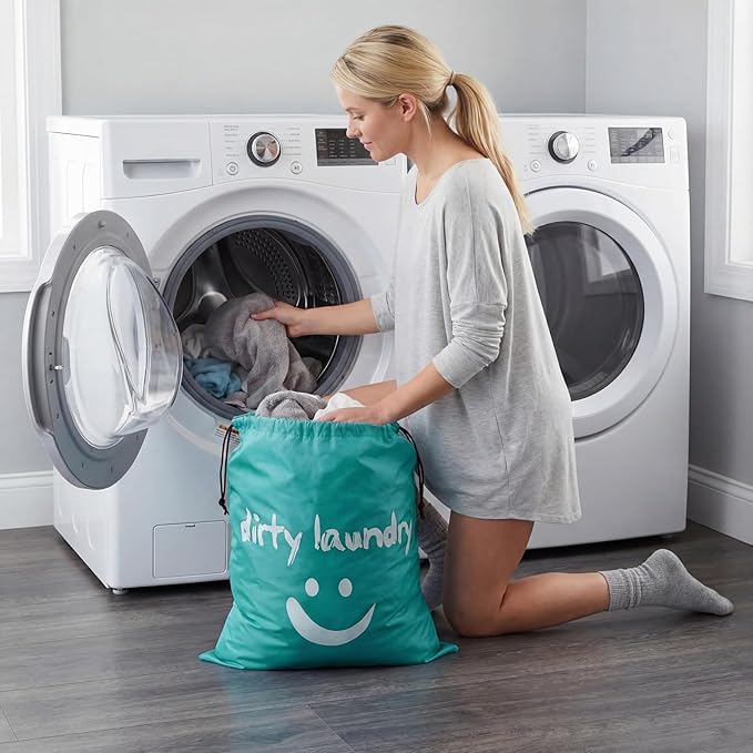 Shappy 2 Pcs XL Clean Laundry Bags Nylon Travel Laundry Bag with Drawstring Machine Washable Dirty Clothes Organizer Bag Storage Bags for Hamper or Basket, 23.6 x 17.7 Inch(Pink, Lake Blue)