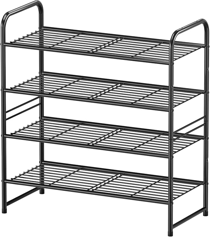 4 Tier Shoe Rack, 27 Inch Wide Stackable Metal Shoe Organizer Shelf for Closet Heavy Duty, Adjustable, Black