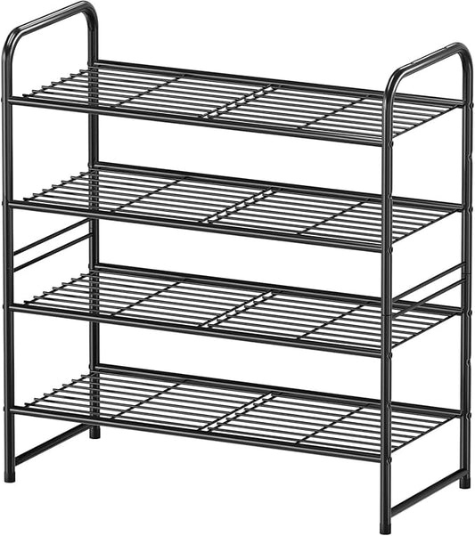 4 Tier Shoe Rack, 27 Inch Wide Stackable Metal Shoe Organizer Shelf for Closet Heavy Duty, Adjustable, Black