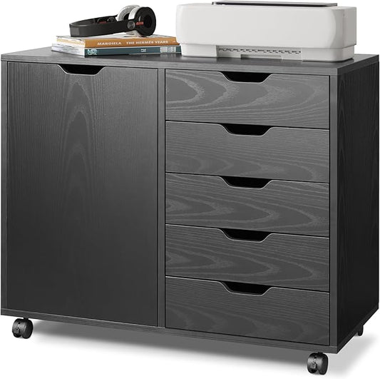 DEVAISE Mobile File Cabinet, 5-Drawer Wood Storage Chest with Door, Printer Stand for Home Office, Black