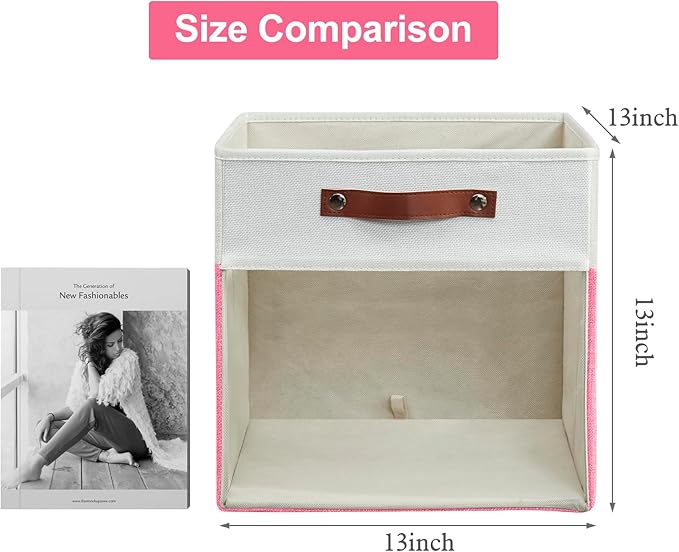 Bagnizer Storage Cubes, 4 Pack Linen Foldable Storage Bins (13 x 13 inch) with Clear Window and Handles, Fabric Organizer for Shelf Closet, Clothes, Books - (Pink and White)