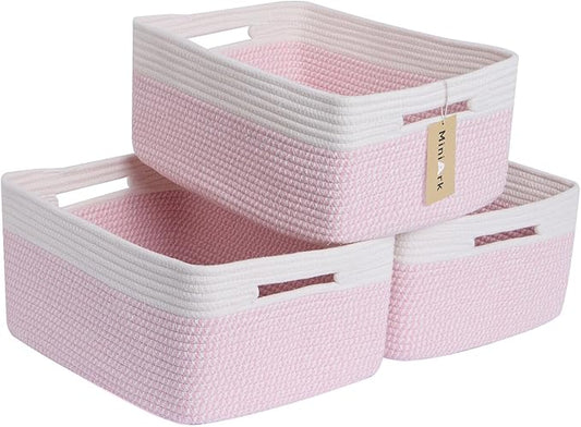 MiniArk Large Storage Baskets for Shelves, Closet Organizers Bins for Clothes Blanket Towels, Baby Nursery, Toy Baskets Box, Woven Rope Baskets, 17 x 13 x 7.5”, 3 Packs Woven Pink