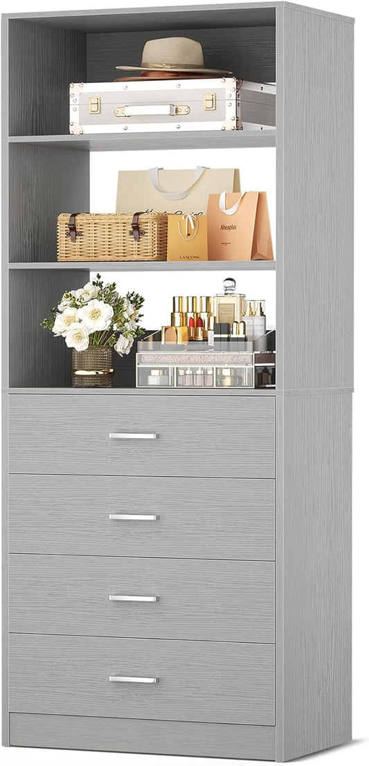 Aheaplus Closet Drawers Organizer System, 21.3" Wood Closet System with 4 Drawers, Modular Walk-in Closets Storage Unit, Tall Bookshelf Storage Cabinet, Grey