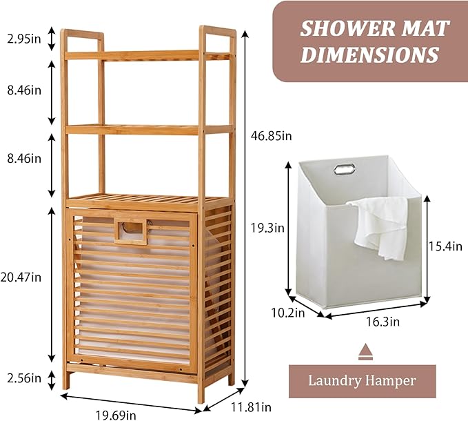 Baveke Bamboo Laundry Hamper with 3 Tier Shelves & Tilt Out Basket, Laundry Baskets Organizer Hampers Bathroom Storage Shelf for Laundry Room, Bathroom, Guest Room（3-Tier, Large）