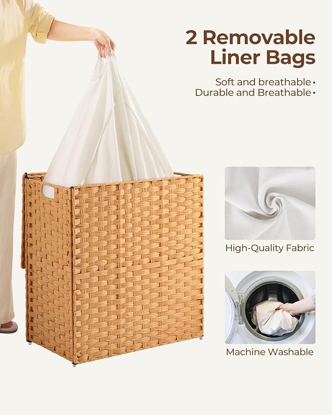 Greenstell Laundry Hamper with lid, No Install Needed, 110L Wicker Laundry Baskets Foldable 2 Removable Liner Bags, 2 Section Clothes Hamper Handwoven Rattan Laundry Basket with Handles, Natural