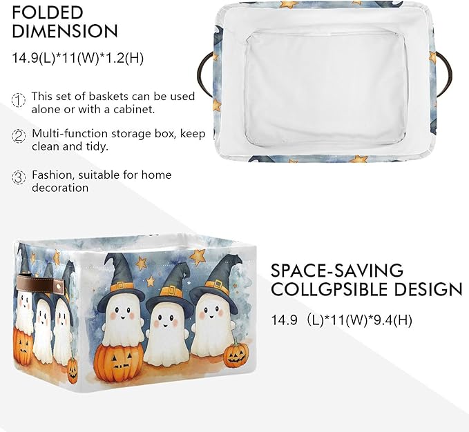 xigua Cute Cartoon Ghosts Storage Basket Foldable Storage Bin, Canvas Rectangular Storage Basket with Leather Handles for Home Closet & Office Decoration