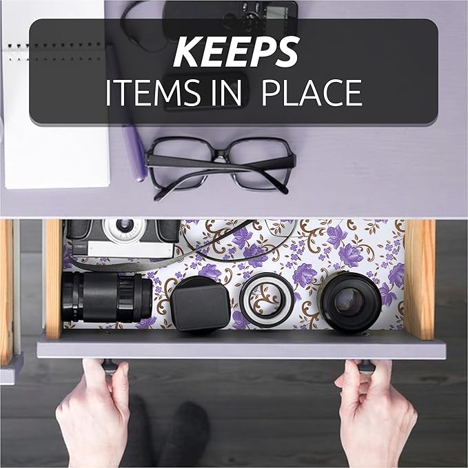 18X96 Inch Shelf Liner for Kitchen Cabinets, PVC Drawer Liner for Dresser Non-Slip Bathroom, Non-Adhesive Cabinet Liner Washable (Purple Floral)(4 Roll)