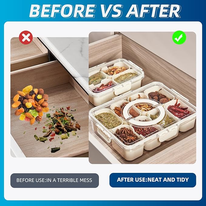 Pure Future Air-Tight Snackle Box Container –Divided Serving Tray with Lid & Handle–Clear Snack box for Fruits, Candy & Nuts–Portable for Travel & Daily Use (8 Inside Containers Dishwasher Safe)