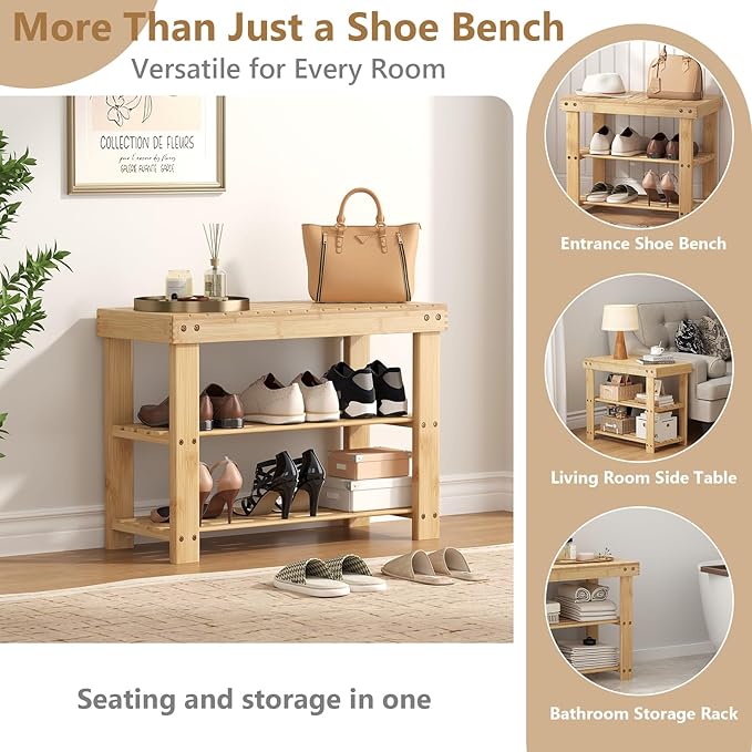 Sweetcrispy Shoe Rack Bench, 3-Tier Bamboo Entryway Storage Organizer, 286lb Capacity, Shoes Stand for Front Door Entrance, Bedroom, Living Room, Bathroom, Balcony, 11.3 x 27.6 x 17.8 Inches, Wood