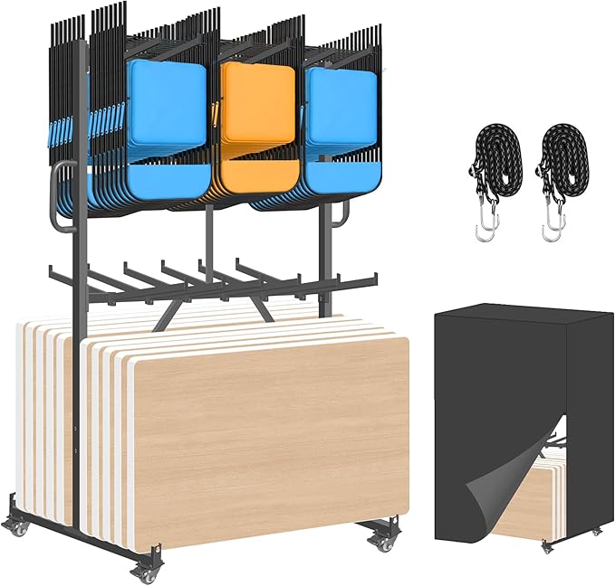 Folding Chair Racks for Storage, Heavy-Duty Folding Chair Cart with 1100 LBS Capacity for 12 Tables or 84 Chairs, Multi-Function Chair Storage with Swivel Wheels, Dust Cover, 2 Binding Ropes