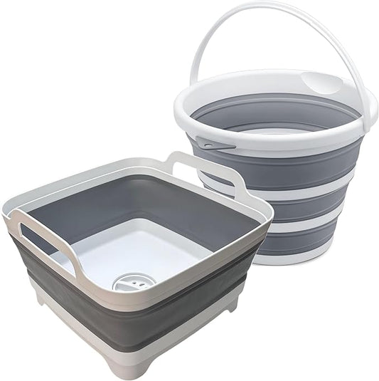 MontNorth Collapsible Basin Bucket,9L Collapsible Dishpan with Drain Plug for Kitchen Sink,5L Portable Foldable Small Plastic Water Supplies for Outdoor Garden Camping Fishing Car Wash(Sets of 2)