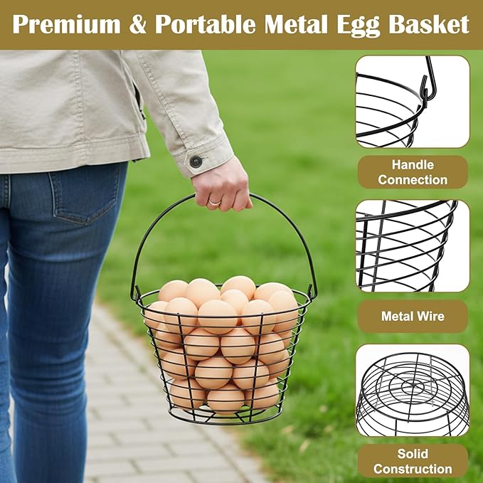 4 Pcs 8" Black Round Wire Egg Basket for Gathering Fresh Eggs Metal Egg Collecting Basket with Handle Chicken Eggs Holder Countertop Farmhouse Kitchen Decor Storage