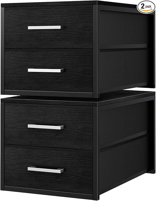 BOLUO Stackable Storage Drawers Narrow Closet Organizers and Storage Fabric Black 2 Drawer Dresser for Bedroom 2 Packs Modern