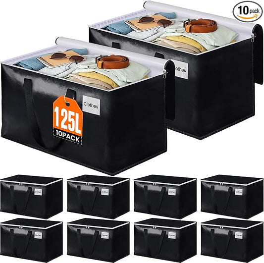 BlissTotes Moving Bags, Heavy Duty Moving Boxes with Zippers Top and Sturdy Handles, Storage Bags for Space Saving and Packing, Collapsible Moving Supplies, Storage Totes (125L, 10-Pack, Black)