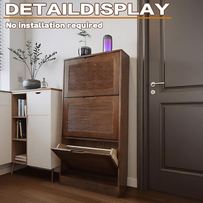 Solid Shoe Storage Cabinet with 3 Flip Drawers, Narrow Wood Shoe Organizer Cabinet with Fluted Panel, Slim Shoe Rack for Entryway, Freestanding Shoe Cabinet for Entryway Hallway Foyer ，Walnut