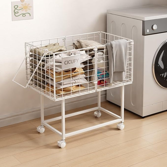 CICUFY Rolling Laundry Cart, 80L Wire Laundry Hamper Basket on Wheels, Dirty Clothes Basket with Handle, Metal Clothes Hamper Organizer for Laundry Room, Bathroom, Bedroom, Dorm, White