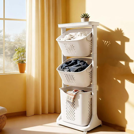 Rolling Laundry Hamper Cart with Wheels, 3 Tier White Laundry Baskets, Clothes Hamper with Portable Storage Baskets for Kitchens, Bathrooms, Bedrooms, Classrooms, Laundry Rooms