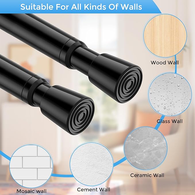 MEXAU 3pack Tension Curtain Rod 33 to 59 Inch，Black Spring Rods Adjustable Curtain Rod No Drill Expandable Spring Loaded Curtain Rod Tension Rod for Kitchen Doorway Closet