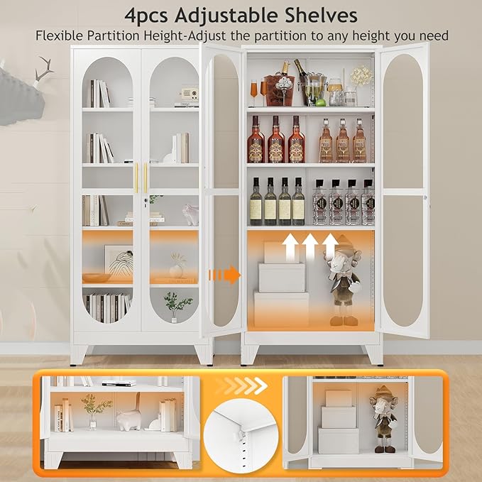 PAOFIN 71" H Locking Display Cabinet with Glass Door, Metal Curio Cabinets with 4 Adjustable Shelves, Tall Liquor Cabinet Display Case for Living Room, Collectibles, Home - Assembly Required White