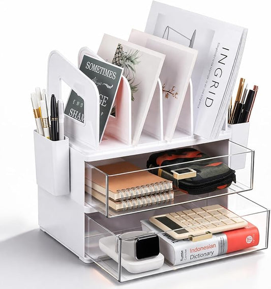 LALOBLUE Acrylic Desk Organizer with Drawer and Vertical File Holder, Desk Organizers and Accessories, Multi-Functional Office Supplies Organizer for Home or Work Desk, White