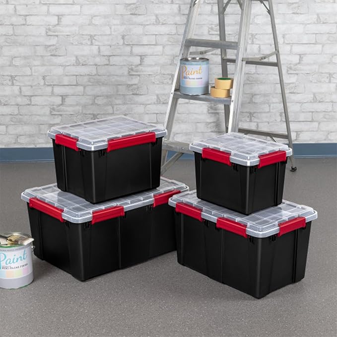 Sterilite 8 Pack Gasket Box, Stackable Plastic 8.5 Gallon Storage Container with Lids, Black - Waterproof and Dustproof Tote for Home Organization
