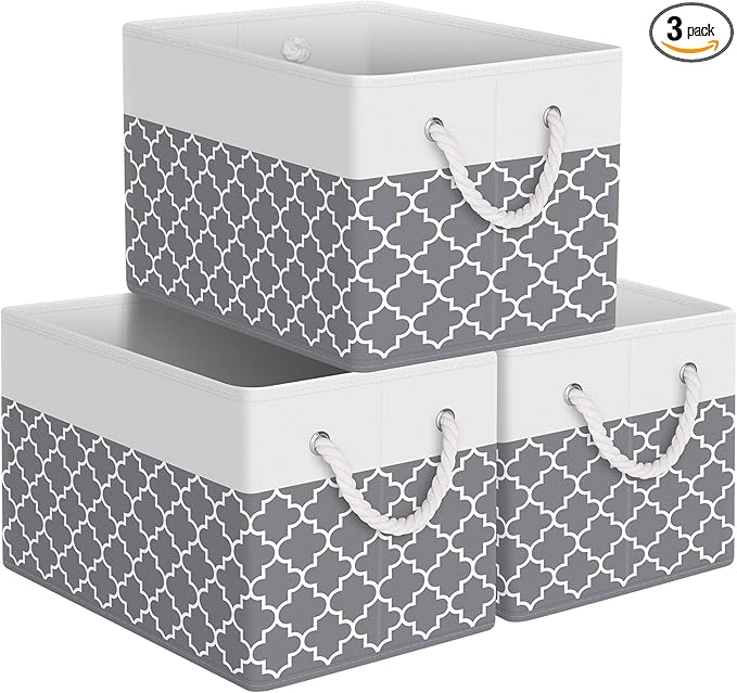 StorageTastic Storage Bin,Collapsible Storage Basket For Organizing,Large Storage Boxes With Rope Handles,Storage Containers,Clover Grey,3 Pack