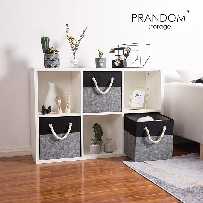 PRANDOM Large Foldable Cube Storage Bins 13x13 inch [2-Pack] Fabric Linen Storage Baskets Cubes Drawer with Cotton Handles Organizer for Shelves Nursery Closet Bedroom Black