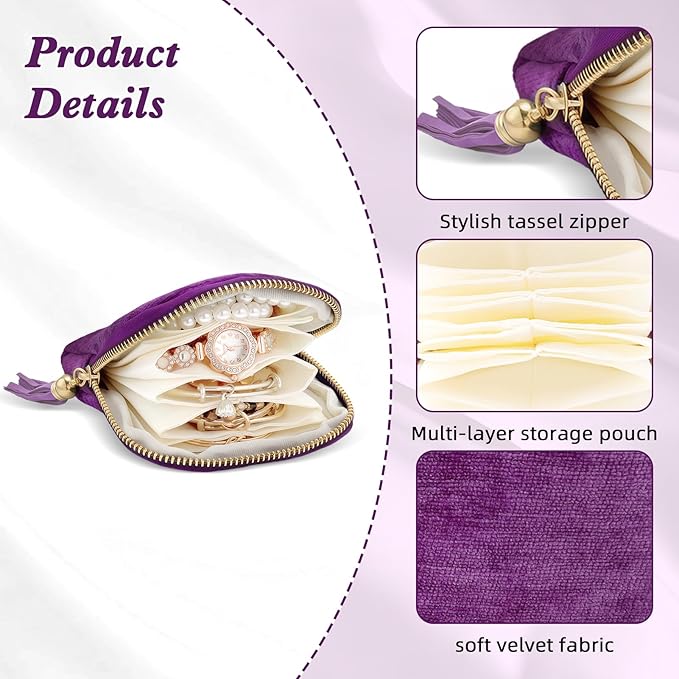 Travel Jewelry Case Small Soft Velvet Organizer Pouch Travel Gifts for Women Storage Bags Mini Jewelry Bag for Gemstones Bracelets Healing Crystal Earring Necklaces Small Pouch Bag Purple