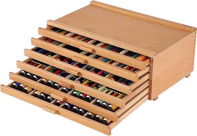VISWIN Upgraded 6-Drawer Wood Artist Supply Storage Box with Removable Dividers, Premium Beech Wood Art Storage Box, Portable Organizer Box for Paints, Markers, Pencils, Pens, Brushes and Art Supplies