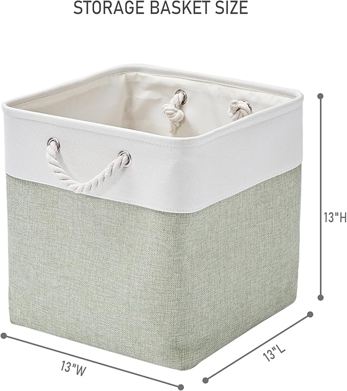 13 x 13 Inch Extra Large Storage Cubes,6 Pack Cube Storage Bins for Shelves，Fabric Collapsible Storage Bins with Handles, Foldable Storage Basket for Organizing Clothes, Toys (White&Green)