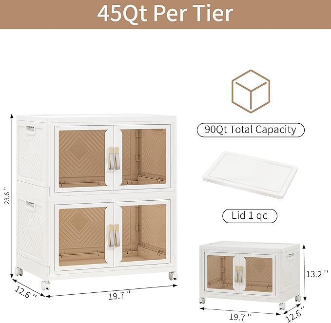 UAMFURI Stackable Storage Bins with Doors & Lids & Wheels, Foldable Collapsible Closet Organizers, Large Storage Cabinet for Bedroom Dorm (2, M)