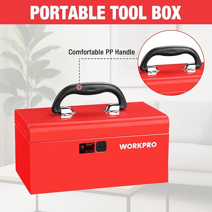WORKPRO 10.8" Portable Mini Metal Tool Box with Removable Color-Matching Tray, One-Button Latch Toolbox, Steel Tool Chest with PP Handle, Compact Storage Organizer for Home, Office or Workshop