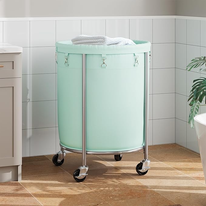 ELYKEN 190L Laundry Basket with Wheels, Large Rolling Laundry Hamper with Removable Liner Bag, Round Rolling Laundry Cart, Dirty Clothes Hamper for Hotel, Home, Closet, Dorm, Mint Green