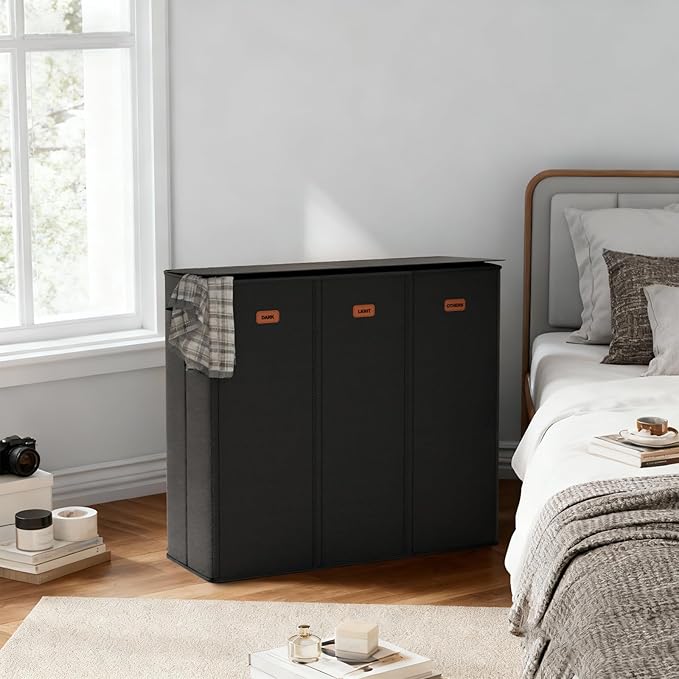 185L Laundry Hamper 3 Section with Lid, Black Dirty Clothes Hamper with 3 Removable Laundry Bags, Large Laundry Basket for Bedroom, Laundry Room, Dorm
