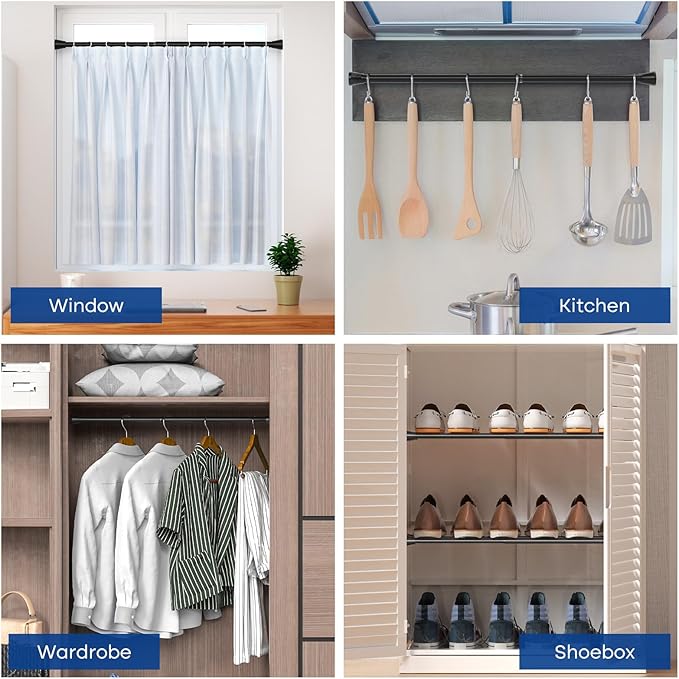 Black Tension rod 16 to 26 Inch Spring Curtain Rods No Drilling Small Rods Adjustable Tension Curtain Rod Expandable Pressure Spring Rod for Doorway,Kitchen