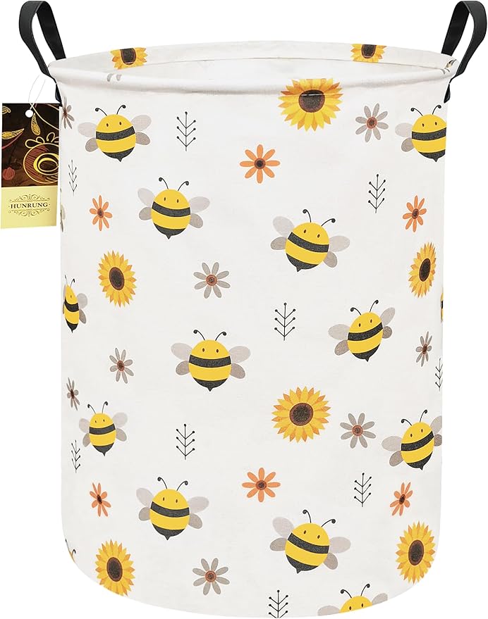 HUNRUNG Collapsible Fabric Storage Basket, Waterproof Laundry Hamper with Handles, Round Storage Bin for Clothes Toys, Foldable Organizer for Bedroom Nursery Bathroom(Round-Bee)