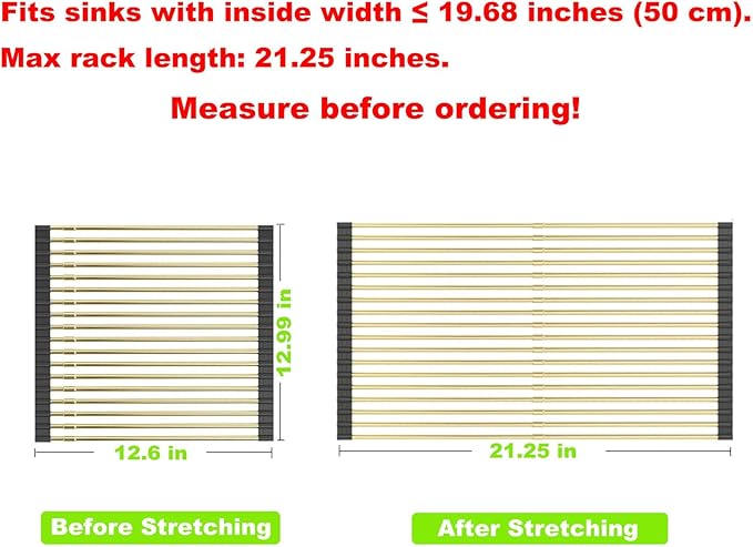 Expandable Large Draining Rack, Roll Up Heat-Resistant Dish Drainer for Stainless Steel Sinks, Collapsible Over The Sink Rack Non-Slip Silicone Rolling Up Rack Gold 18 Tube