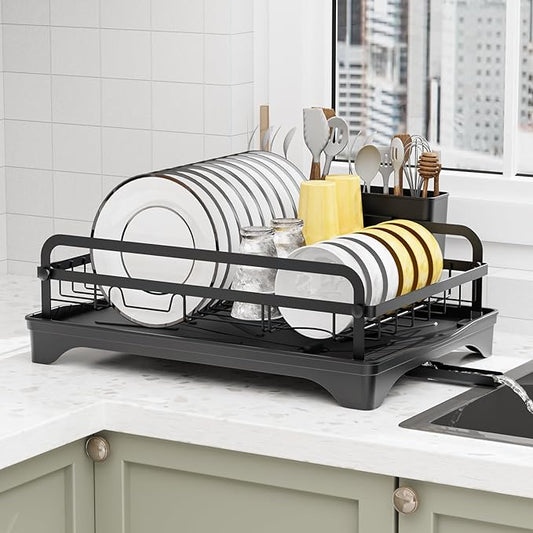 LIYI Dish Drying Rack and Sink Organiser,Removable Drainer Tray,Adjustable Spout,Easy Assembly Kitchen Drying Rack,Black
