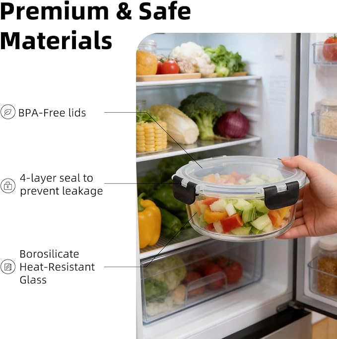 Konokyo Round Glass Food Storage Containers with Lids, 12 Pack Airtight Leakproof Meal Prep Containers, BPA-Free, Microwave Oven Freezer & Dishwasher Safe, Assorted Sizes