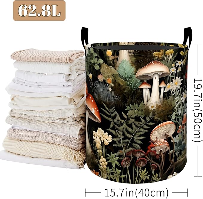 Forest Mushroom Laundry Basket, Flower Design Foldable Oxford Cloth, Waterproof Dirty Clothes Hamper with Handles, Clothing Storage Bucket Toy Organizer for Bathroom Bedroom Dorm, 19.7"x15.7"