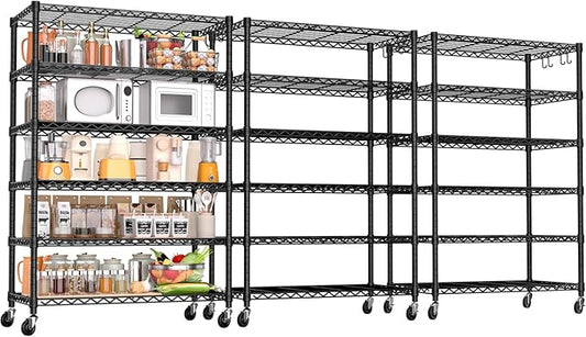 PrimeZone 6 Tier Wire Shelving with Wheels 78''H 1500lbs Storage Shelves NSF Certified Heavy Duty Steel Metal Shelf Adjustable Rolling Rack Kitchen Garage Closet Pantry Laundry 78''HX36''WX18''D 3Pcs