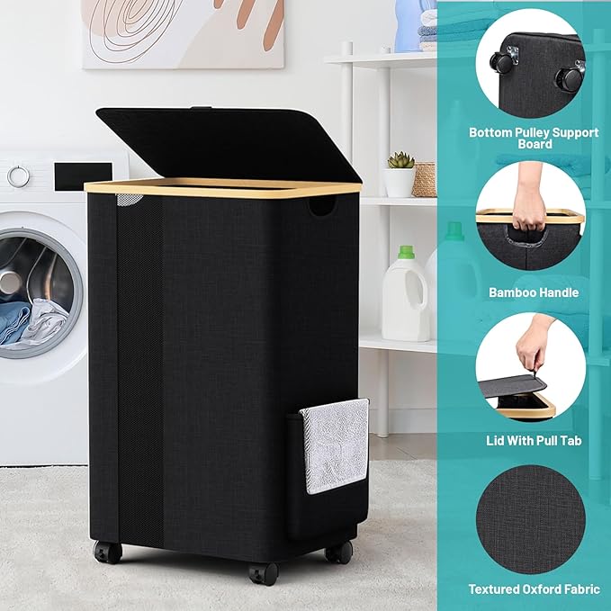 BlissTotes Laundry Basket Laundry Hamper with Lid, Collapsible Laundry Hampers, Laundry Bin, Clothes Hamper Basket with Internal Support & Wheels & Handles for Bathroom, Bedroom (100L, Black)