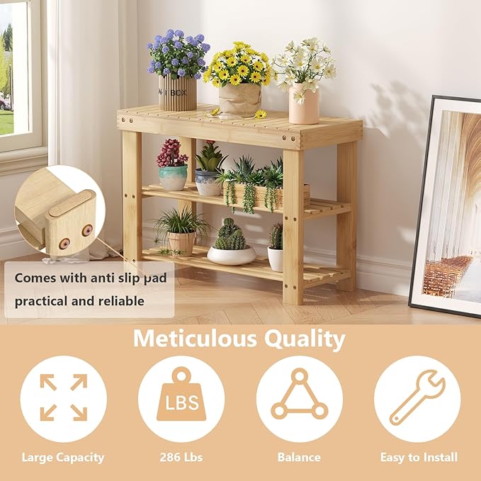 Sweetcrispy Shoe Rack Bench, 3-Tier Bamboo Entryway Storage Organizer, 286lb Capacity, Shoes Stand for Front Door Entrance, Bedroom, Living Room, Bathroom, Balcony, 11.3 x 27.6 x 17.8 Inches, Wood