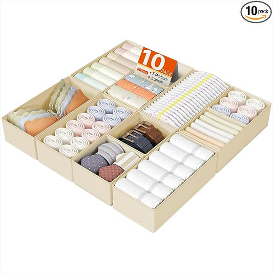 DIMJ Drawer Organizers Clothes, Set of 10 Dresser Organizer Bins, Fabric Closet Organizers and Storage, Shallow Drawer Dividers for Nursery, Clothing, Baby Clothes, Socks, Underwears, Tie (Beige)