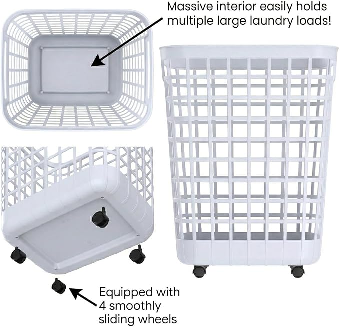 Rolling Laundry Hamper with Smooth-Glide Wheels, 2.6 Bushel Large Capacity Plastic Clothes Basket, Tall Ventilated Open-Top Bin for Easy Access, No Assembly Required Space Saving Storage, White